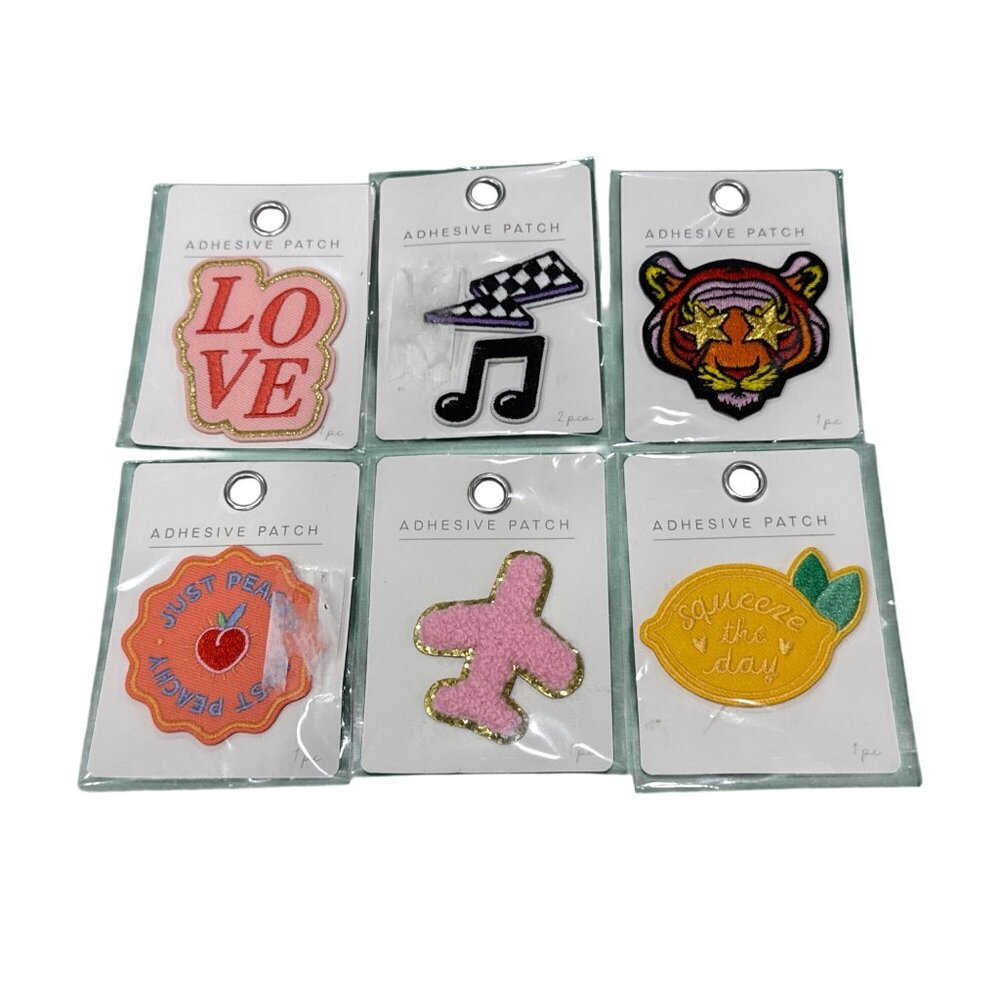 Set Of 6 Adhesive Patches Fun Designs Patches: Love, Music, Tiger, Lemon, Airpla